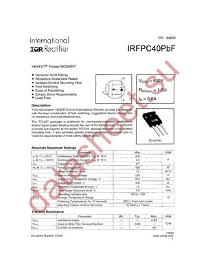IRFPC40PBF datasheet  